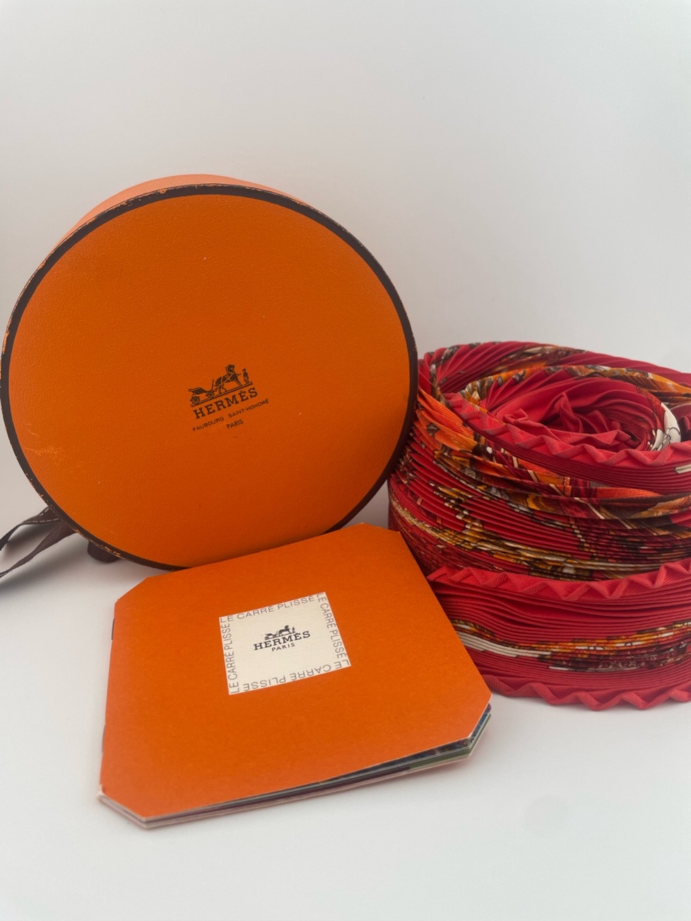 Hermès Carré Plissé Pleated Silk Scarf Red Orange with Box & Booklet